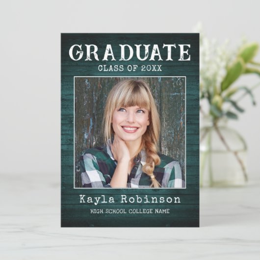 Blauwgroen hout - Afstuderen stijlvol Rustisch lan Aankondiging (Staand voorkant)