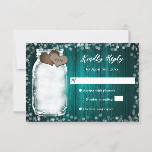 Blauwgroen Hout Twee Harten Mason Jar Wedding RSVP