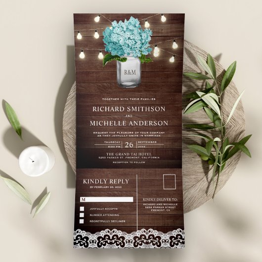 Blauwgroen Hydrangea Mason Jar String Lights Weddi Drieluik Uitnodiging