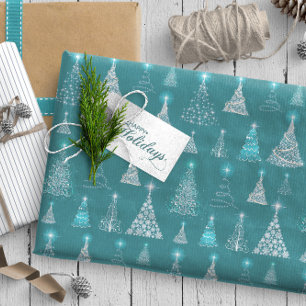 Blauwgroen ID844-patroon met mousserende kerstbome Cadeaupapier