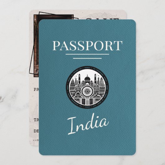 Blauwgroen Indiaas paspoort Bewaar de datum Save The Date (Voorkant / Achterkant)