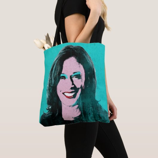 Blauwgroen Kamala Harris Pop Art Draagtas (Dichtbij)