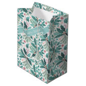 Blauwgroen Kerst Holly Berries Patroon#17 ID1009 Medium Cadeauzakje (Voorkant Gekanteld)