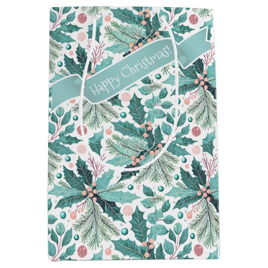 Blauwgroen Kerst Holly Berries Patroon#17 ID1009 Medium Cadeauzakje (Voorkant)