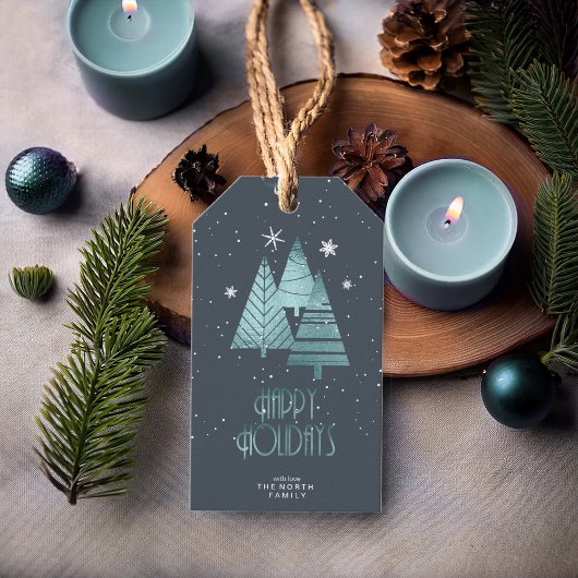 Blauwgroen kerstbomen en Snowflakes ID863 Cadeaulabel