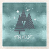 Blauwgroen kerstbomen en Snowflakes ID863 Glazen Onderzetter (Voorkant)