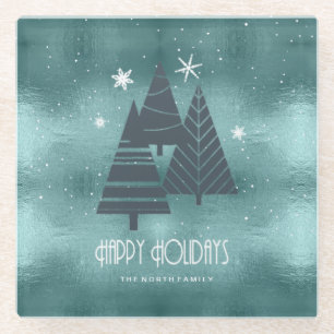 Blauwgroen kerstbomen en Snowflakes ID863 Glazen Onderzetter