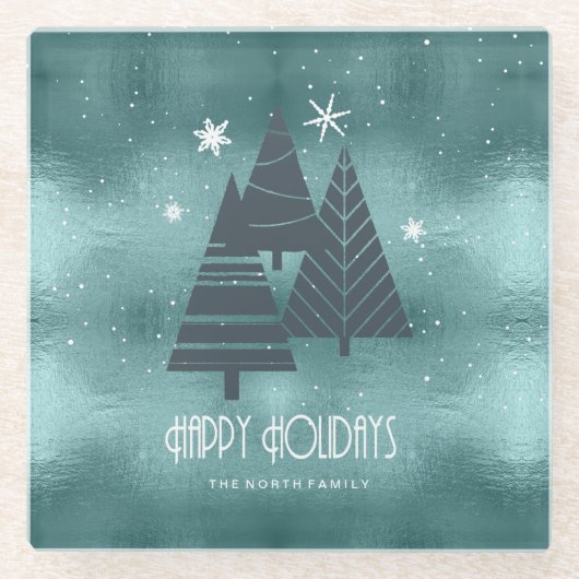 Blauwgroen kerstbomen en Snowflakes ID863 Glazen Onderzetter (Voorkant)