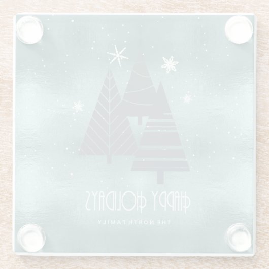 Blauwgroen kerstbomen en Snowflakes ID863 Glazen Onderzetter (Achterkant)