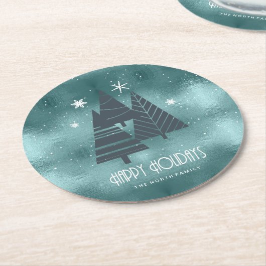 Blauwgroen kerstbomen en Snowflakes ID863 Ronde Kartonnen Onderzetter (Gebogen)