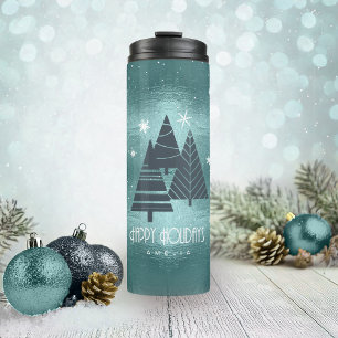 Blauwgroen kerstbomen en Snowflakes ID863 Thermosbeker