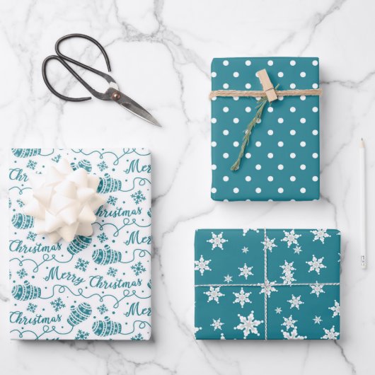 Blauwgroen kerstpatroon met Mittens en Snowflake Inpakpapier Vel (Voorkant)