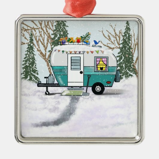 Blauwgroen kersttrailer metalen ornament (Voorkant)