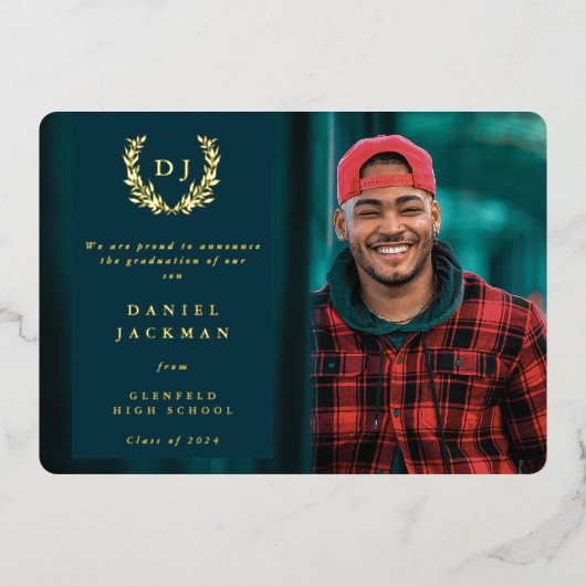 Blauwgroen kondiging van Monogram + Afstuderen van Folie Uitnodiging (Voorkant)