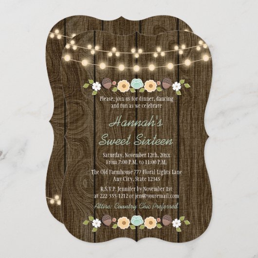 Blauwgroen Koord van Lights Rustic Sweet 16 Kaart (Voorkant / Achterkant)