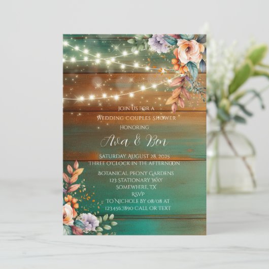 Blauwgroen Koper Hout Pioen Licht Bruiloft Koppels Kaart (Staand voorkant)