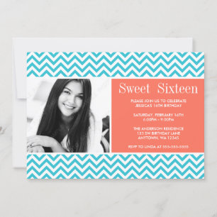 Blauwgroen koraal Chevron Sweet 16 Birthday Foto Kaart