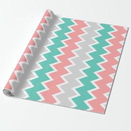 Blauwgroen, koraal- en grijs chevron-verpakkingspa cadeaupapier