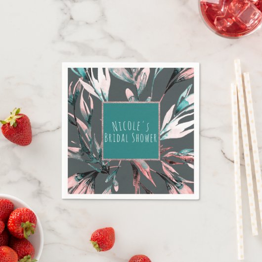 Blauwgroen Koraal Grijs Waterverf Botanische Glam  Servet (Insitu)