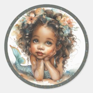 Blauwgroen & Koraal Zwart Zeemeermin - Flower Crow Ronde Sticker