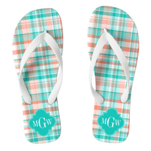 Blauwgroen koraalwit preppy Madras Monogram Teenslippers