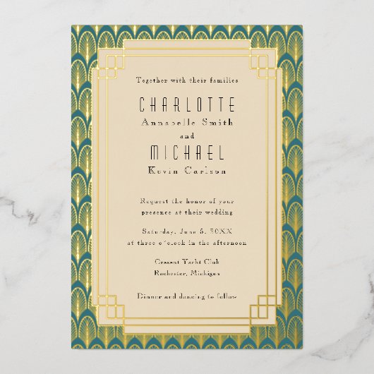Blauwgroen Kunst Deco goud Folie Uitnodiging (Voorkant)