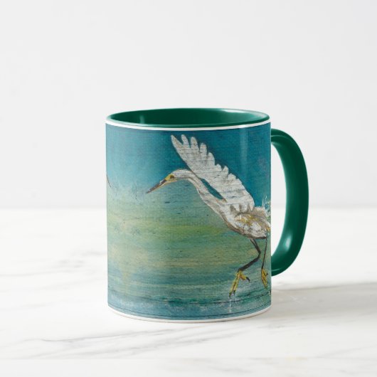 Blauwgroen kunst Egret Bird Ocean Mok (Voorkant rechts)