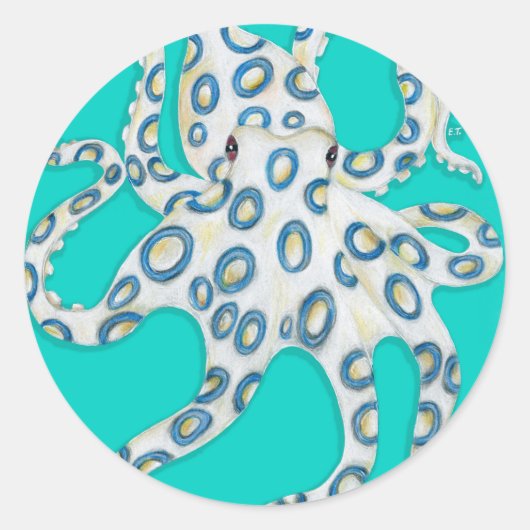 Blauwgroen kunst met blauwe ring ronde sticker (Voorkant)