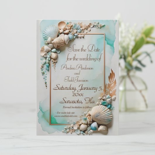 Blauwgroen kust zee shell bruiloft save the date (Staand voorkant)