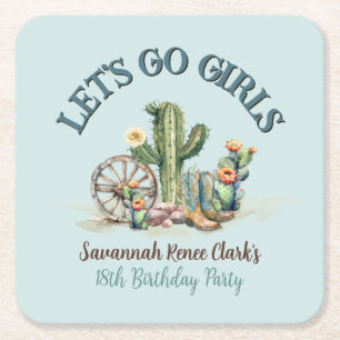Blauwgroen laat gaan meisjes cowgirl cactus verjaa vierkante kartonnen onderzetter