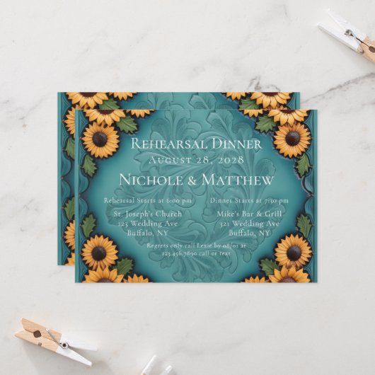 Blauwgroen lederen handdoek & zonnebloemen repetit kaart (Voorkant / Achterkant in situ)