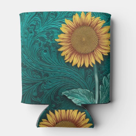 Blauwgroen lederen handgemaakte gele zonnebloem blikjeskoeler (Achterkant)