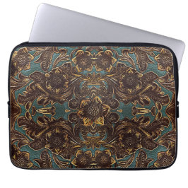 Blauwgroen, lederen laptophoes met gereedschap laptop sleeve