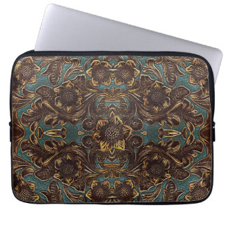 Blauwgroen, lederen laptophoes met gereedschap laptop sleeve