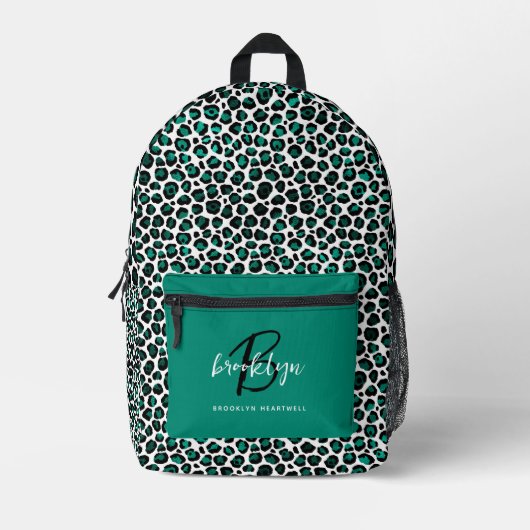 Blauwgroen Leopard Print Monogram Naam Terug naar Bedrukte Rugzak (Voorkant)