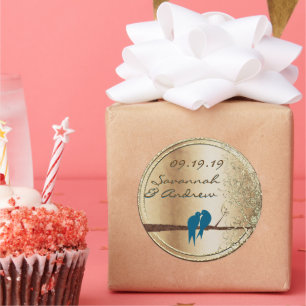 Blauwgroen liefdesvezel gouden bruiloft ronde sticker