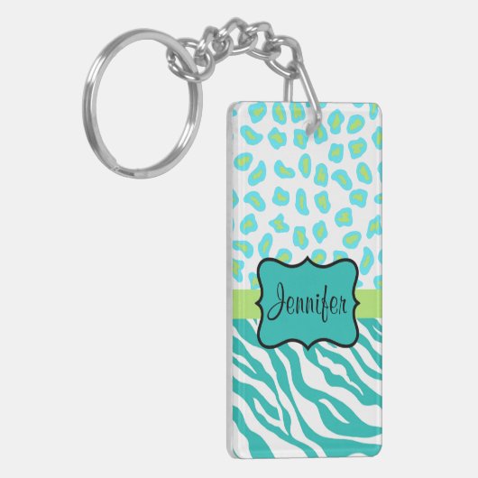 Blauwgroen Lime Green & White Zebra & Cheetah Skin Sleutelhanger (Voorkant Links)