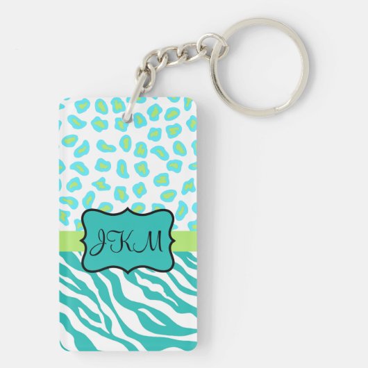 Blauwgroen Lime Green & White Zebra & Cheetah Skin Sleutelhanger (achterkant)