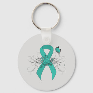 Blauwgroen lint met vlinder sleutelhanger