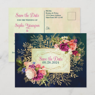 Blauwgroen, Marine, Groen, Gouden Vette Bloemen sp Briefkaart