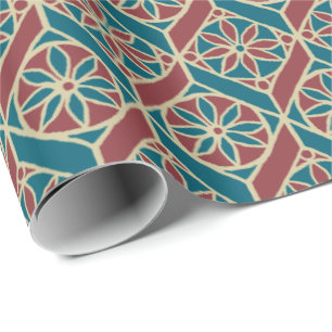 Blauwgroen, maroon, beige etnisch flessenpatroon cadeaupapier