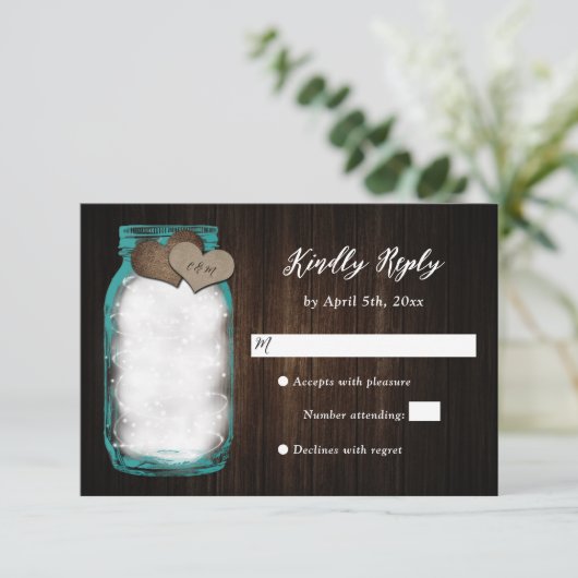 Blauwgroen Mason Jar Barn Wood Lights Wedding RSVP (Staand voorkant)
