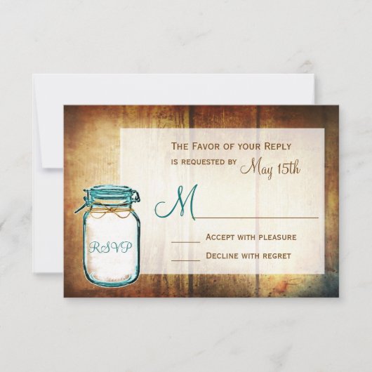 Blauwgroen Mason Jar Barn Wood Rustic Wedding RSVP (Voorkant)