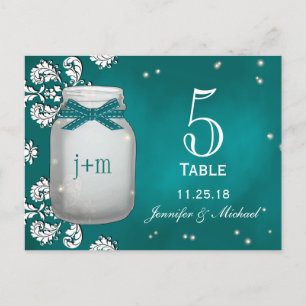 Blauwgroen Mason Jar met Vuurvliegjes Tafelnummer