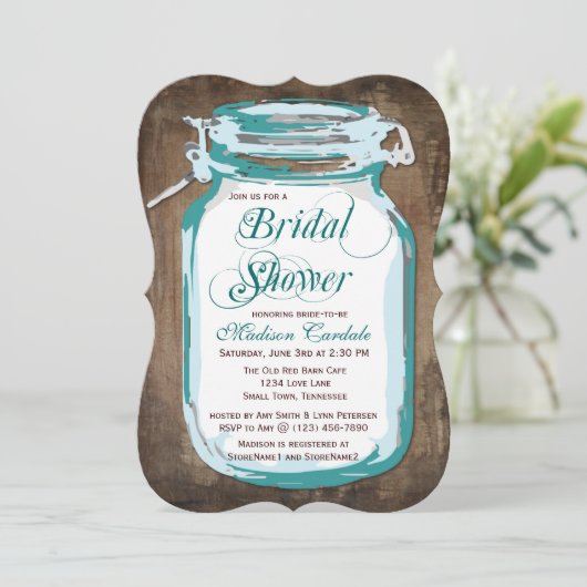 Blauwgroen Mason Jar Rustieke Bruidsdouche Uitnodi Kaart (Staand voorkant)