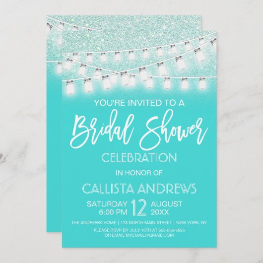 Blauwgroen Mason Jar String Lights Glitter Vrijgez Kaart (Voorkant / Achterkant)