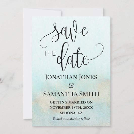 Blauwgroen met Gold Ocean Wedding Beach Save The Date (Voorkant)