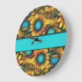 Blauwgroen met kleurrijke zonnebloemen grote klok (Hoek)