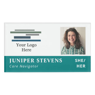 Blauwgroen met Logo & ID Photo Employee Pronouns Naambadge