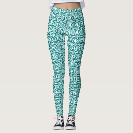 Blauwgroen met White Crochet Lace Pattern Leggings (Voorkant)